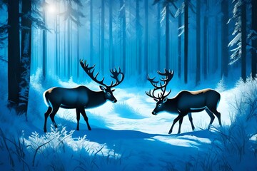 two wildlife reindeers in the forest blue nature landscape vector.