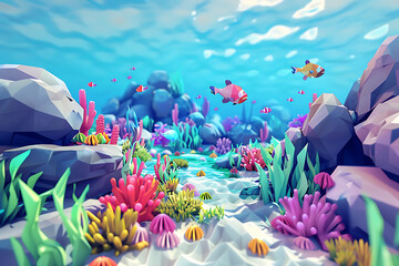 Undersea marine life illustration. Underwater world with sea ocean animals, coral reef and seashell in cartoon style