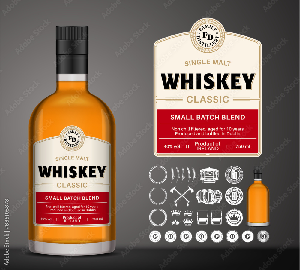 Vector whiskey label template Whiskey glass bottle mockup Distilling