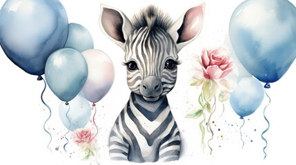 Wall Mural - cute zebra with birthday balloons watercolor design