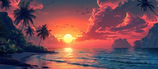 Wall Mural - Sunset Over Tropical Beach with Palm Trees