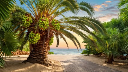 Canvas Print - A palm tree with green fruit on it next to a beach, AI