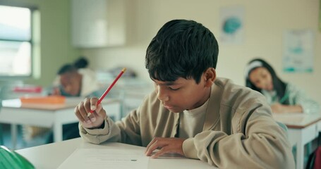 Poster - Student, desk and thinking with test in classroom, homework or quiz activity for learner. Education, childhood development and information, knowledge and male person in elementary school for studying