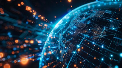 Wall Mural - blue holographic globe with data streams, depicting realistic ai global network connections