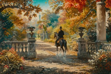 Canvas Print - Man riding a horse in a beautiful garden art painting autumn.