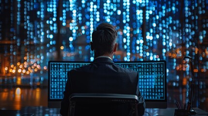 Businessman Working on Computer with Digital Code Background.A businessman with fair skin is working in front of a computer monitor displaying digital binary code, futuristic glowing blue background.
