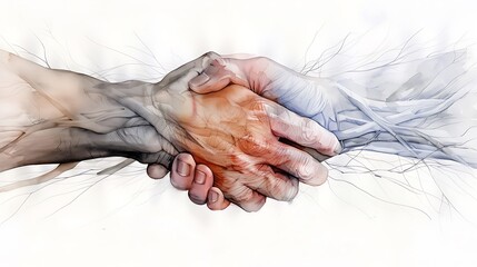 Wall Mural - Semi close-up watercolor of intertwined hands from different cultures, more clarity with clear light and sharp focus, high detailed