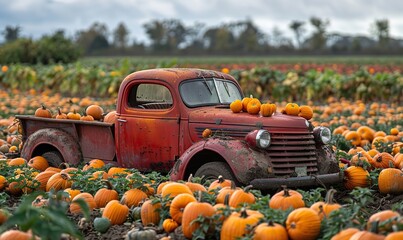 Canvas Print - pickup truck,pumpkins in the field harvesting