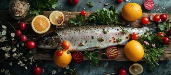 Poster - Raw Trout with Citrus and Vegetables on Wooden Board