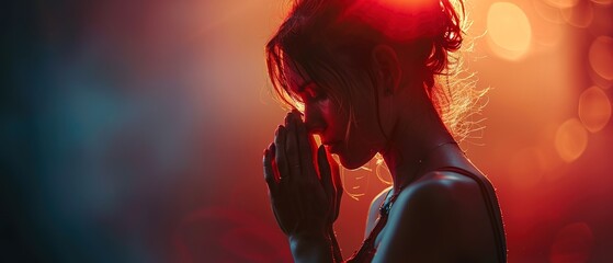 Wall Mural - Praying hands together and woman in faith religion