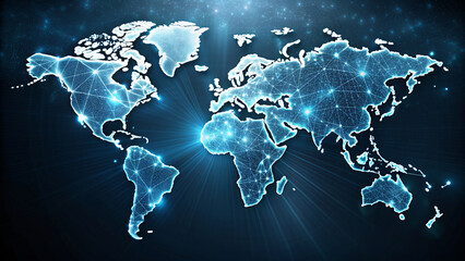 The image shows a blue world map with code and a dark blue background