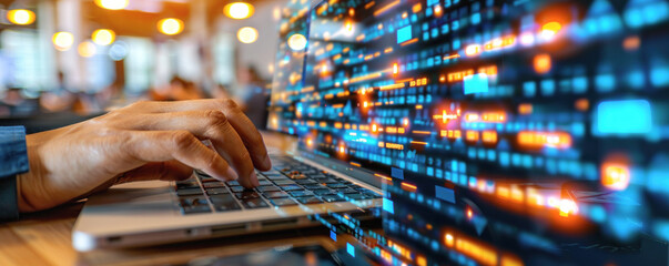 A person is typing on a laptop computer with a screen displaying a colorful, abstract pattern. Concept of creativity and innovation