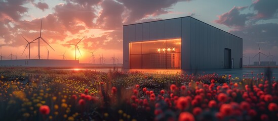 Canvas Print - Modern Industrial Building at Sunset with Wind Turbines