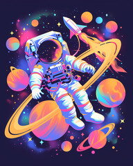 Wall Mural - An astronaut floating in space galaxy, neon colors illustration