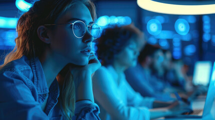 Aufkleber - A group of white people learning in an office with a blue filter. Generative AI.