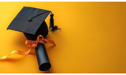 flat lay composition,graduation cap,diploma on yellow background