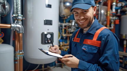 Wall Mural - A smiling technician in a blue uniform and cap servicing a home water heater system, holding a clipboard and pen, portraying professionalism, maintenance work. Generative AI.