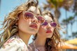 © Elmira - Two young women wearing trendy sunglasses are enjoying a sunny day. Their hair is blowing in the wind and their smiles suggest a carefree afternoon spent with friends