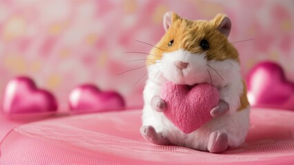 Canvas Print - A small stuffed animal holding a heart shaped object on pink background, AI