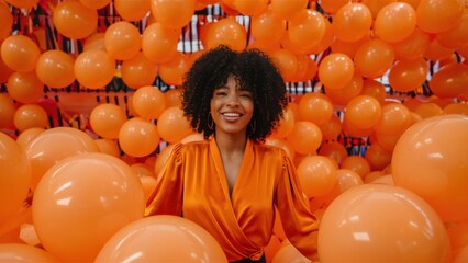 Wall Mural - A woman in an orange dress surrounded by balloons, AI