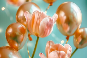 Wall Mural - A close-up of pink tulips and golden balloons arranged against a pastel blue background