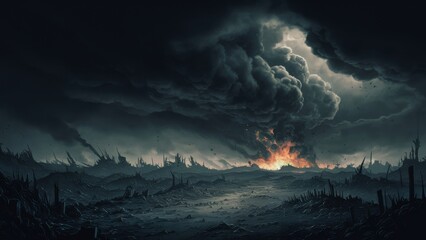 Poster - A dark painting of a landscape with smoke coming out from the ground, AI