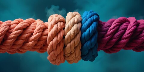 Team rope diverse strength connect partnership together teamwork unity communicate support. Strong diverse network rope team concept integrate braid color background cooperation empower power.