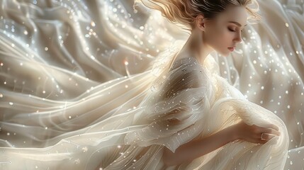 Canvas Print - Elegance on a pure white dress. Bridal. Dresses of delicate grains of light. Generative AI.