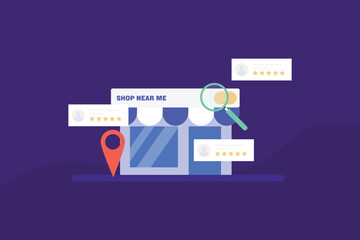 Wall Mural - Shop Near Me. Search engine result page with shop address, location, customer reviews and rating. Vector illustration banner.