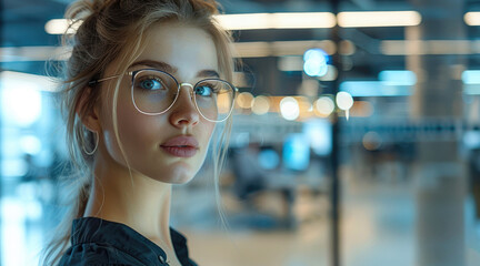 Wall Mural - Innovative IT-company office, glass partitions and doors, young woman in glasses holding a laptop in the foreground. Generative AI.