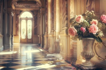 Wall Mural - Flowers in Old Castle Interior, Vintage Victorian Hall with Flower Vase, Luxury Hotel Lobby, Royal Villa