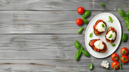 Wall Mural - A Rustic Feast: Stuffed Eggplant With Basil and Tomatoes