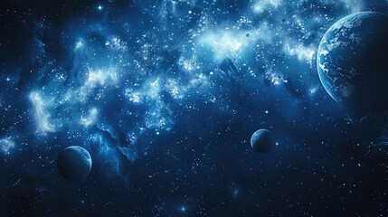 Wall Mural - A background of dark blue space with several planets floating in the distance, with high resolution. Generative AI.