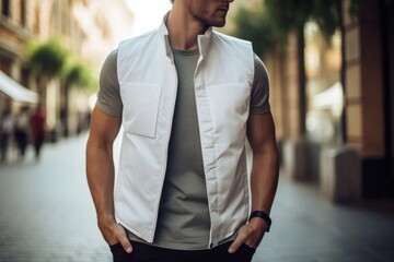 Poster - White vest jacket mockup outdoors apparel shirt.