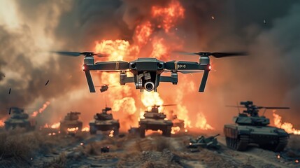 Sticker - Drone flying over a battlefield, burning armored vehicles in the background. Generative AI.