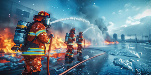 Aufkleber - Firefighters are spraying water in the rescue, city background, blue sky. Generative AI.