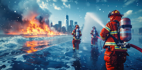 Aufkleber - Firefighters are spraying water in the rescue, city background, blue sky. Generative AI.