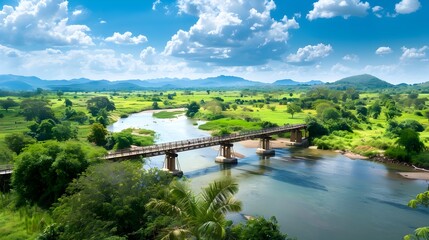 Poster - Picturesque Bridge Spanning Serene River Surrounded by Verdant Countryside