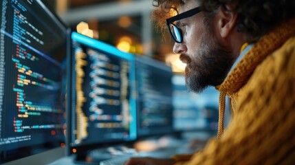 A focused software developer intensely coding on multiple monitors, with colorful lines of code and reflections indicating the dynamic nature of programming and technology.