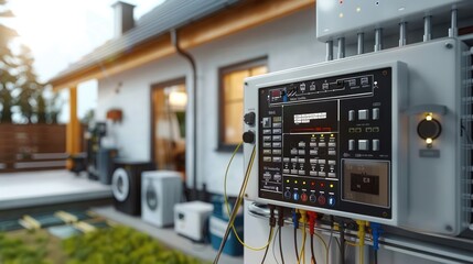 Poster - A modern, well-lit house, highlighting the updated electrical system, an electrician is installing a new state-of-the-art distribution panel with organized and labeled cables. Generative AI.