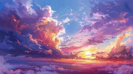 oil painting of a beautiful landscape with a sunset sky and clouds.