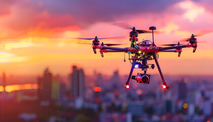 drone quadcopter with digital camera on blur sky city background