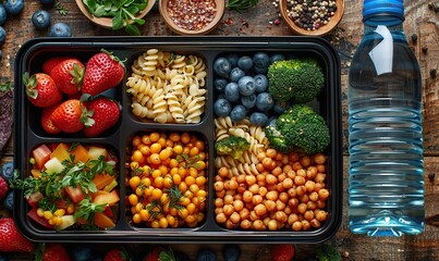 children packed lunch box,balanced diet food,bottle of water on wooden table top view flat lay