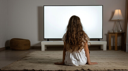 A young girl sits on the floor in front of a television that is turned off. The room is dimly lit, and the girl appears to be waiting for something to happen