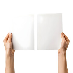 Hands holding blank paper, female hand holding two blank sheets of paper on transparent background