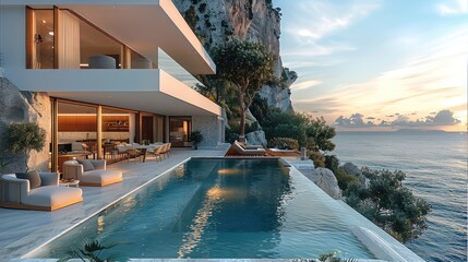 Wall Mural - a minimal house with a small pool and a cozy seating are. the house is situated in on the coast. gen