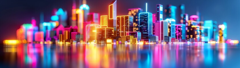 Wall Mural - vibrant neon cityscape with colorful skyscrapers and reflections at night - digital illustration.