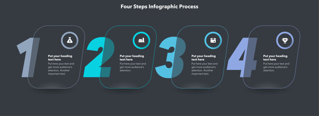 Aufkleber - Horizontal four steps infographic process template - dark version. SImple chart design with numbers and thin lines for workflow layout, banner or web design.