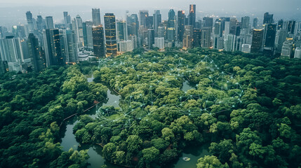 Smart city park with IoT sensors monitoring air quality and automated irrigation systems optimizing water usage according to weather conditions.