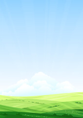 Wall Mural - green hills, meadows, and fields with bushes and flowers. blue sky with clouds. warm sunny summer da